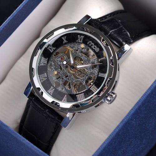 Mechanical Hand Wind Luxury Watch For Men Pu Leather Strap Skeleton Watch