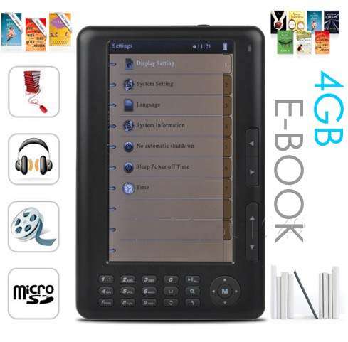 7 Inch High Resolution 800X480 HD eBook Reader Super Media Player 720P,4GB memory Free gifts, black