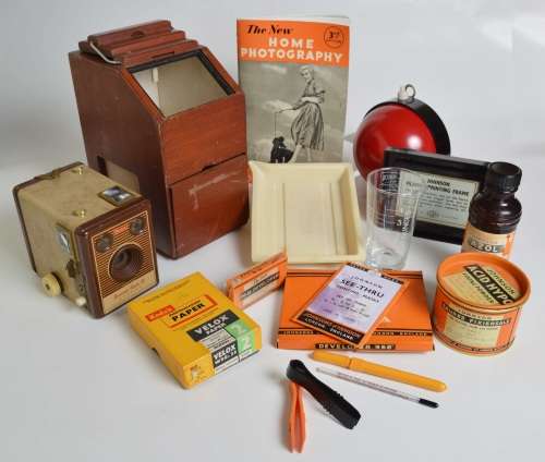 Johnson Home Photography Kit, Johnson Exactum Contact Printer and Kodak Brownie Flash IV Camera