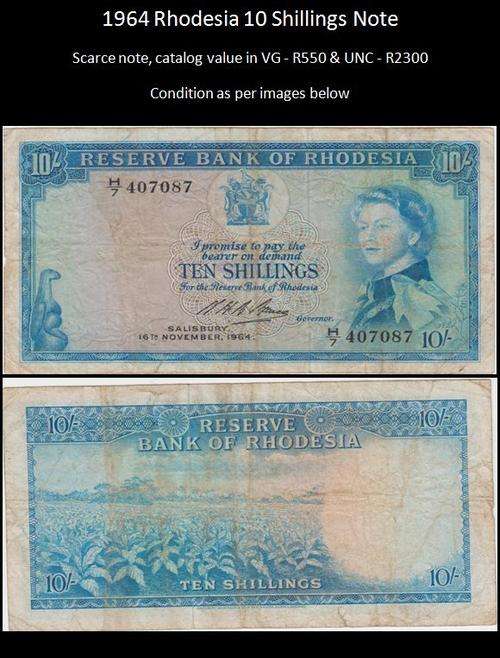 1964 Rhodesia 10 Shilling Bank Note