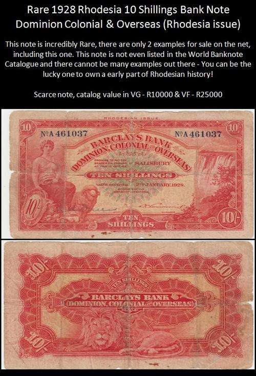 ULTRA RARE 1928 Rodesia Issue Dominion Colonial & Overseas 10 Shilling Note