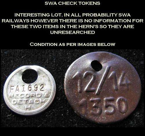 SOUTH WEST AFRICA CHECK TOKENS X 2 (UNRESEARCHED)