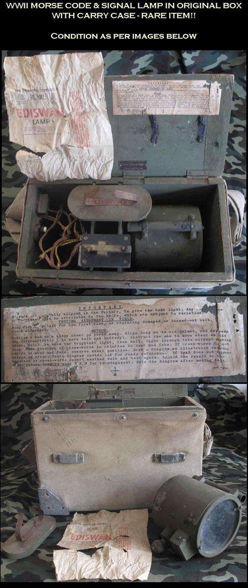 WWII MORSE CODE SIGNAL LAMP IN WOODEN BOX WITH CARRY CASE - ORIGINAL RARE ITEM