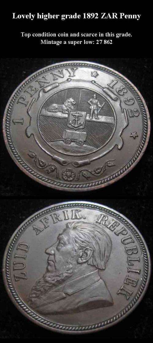 RARE HIGHER GRADE 1892 ZAR PENNY - MINTAGE 27862
