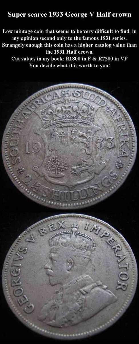 VERY RARE 1933 GEORGE V HALF CROWN - VERY HIGH CATALOG VALUE!!