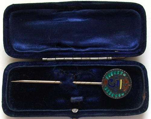 GREAT BRITAIN 1893 SILVER AND ENAMEL 3 PENCE PIN IN BOX