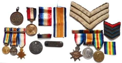 WW1 SET OF 3 MEDALS PLUS MINIATURES, RANK INSIGNIA,DOG TAG,+ INITIAL BADGE. PLUS 2 MEDALS