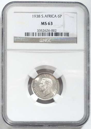 SOUTH AFRICA 1938 **SILVER** 6 PENCE NGC MS53