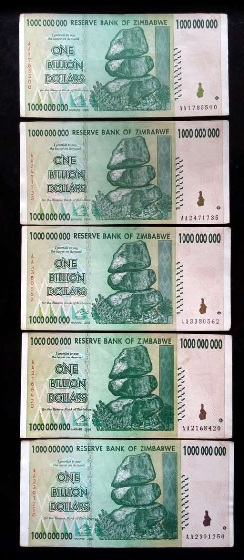 ZIMBABWE 2008 ONE BILLION DOLLARS AA PREFIX NOTES (5 NOTES)