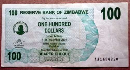 ZIMBABWE 2006 100 DOLLARS AA PREFIX