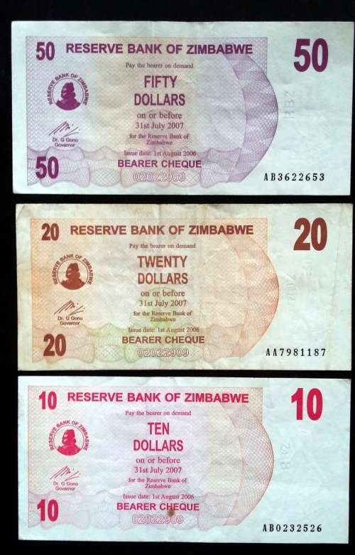 ZIMBABWE 2006 10 + 20 + 50 DOLLARS (3 NOTES)