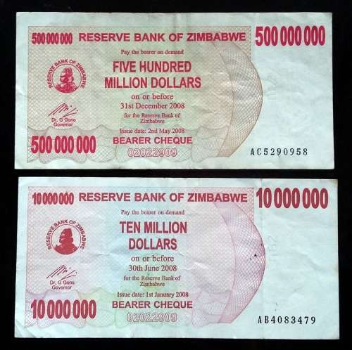 ZIMBABWE 2008 10 + 500 MILLION DOLLARS  (2 NOTES)