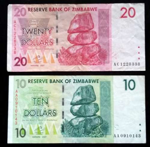 ZIMBABWE 2007 10 + 20 DOLLARS (2 NOTES)