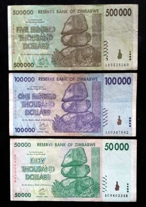 ZIMBABWE 2008 50 + 100 + 500 THOUSAND DOLLARS (3 NOTES)