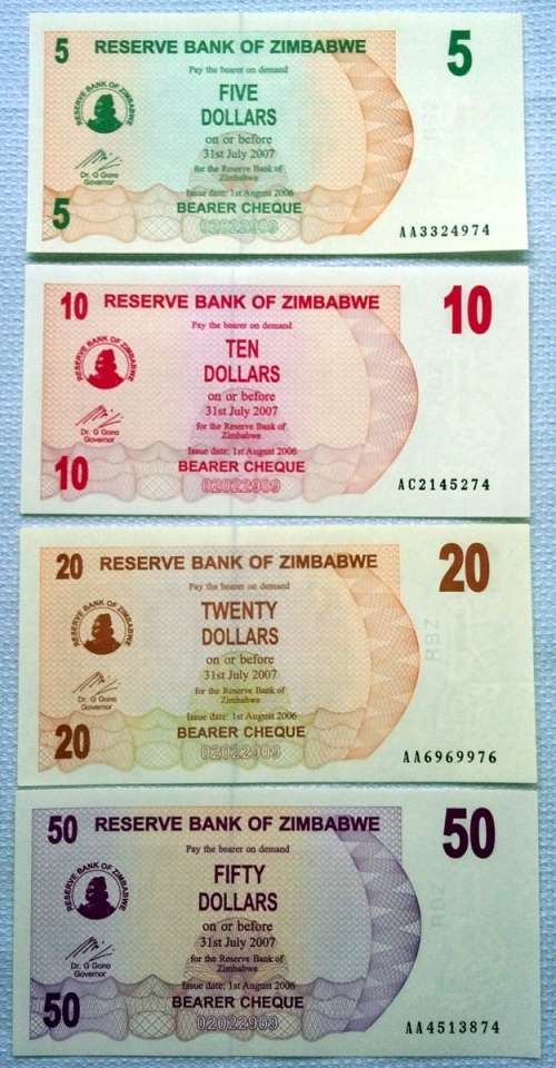 ZINBABWE 2006 5 + 10 +20 + 50 DOLLARS EF TO UNC AA 10 AC (4 NOTES)