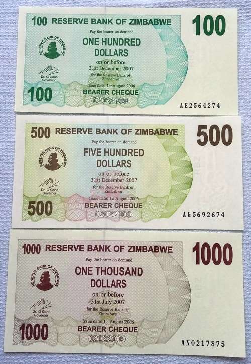 ZINBABWE 2006 100+500 + 1000 DOLLARS EF TO UNC (3 NOTES)