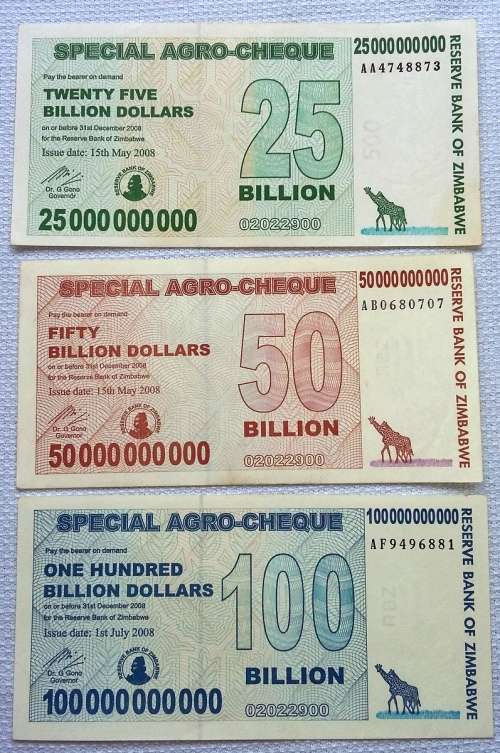 ZINBABWE 2008 25 + 50 + 100 BILLION DOLLARS EF++ (3 NOTES)