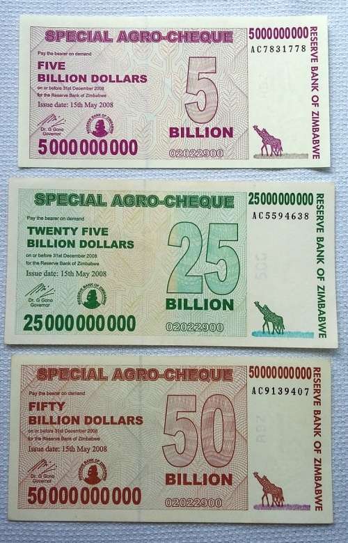 ZIMBABWE 2008 5 + 25 + 50 BILLION DOLLARS EF+ (3 NOTES)
