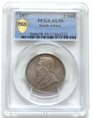 1897 ZAR 2 SHILLINGS PCGS AU55