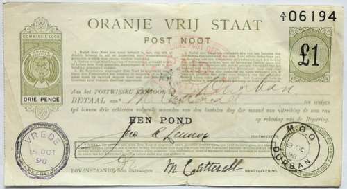 ZAR 1898 ORANJE VRIJ STAAT POOST NPPT VREDE M.O.O DURBAN
