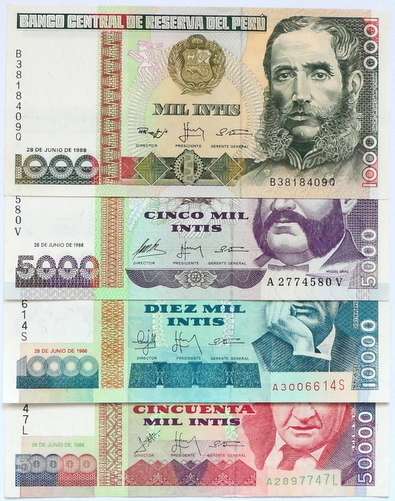 PERU 1000 + 5000 + 10000 + 50000 INTIS EF (4 NOTES)