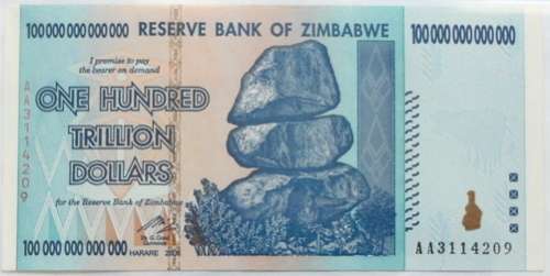 ZIMBABWE 100 TRILLION DOLLARS AA PREFIX UNC