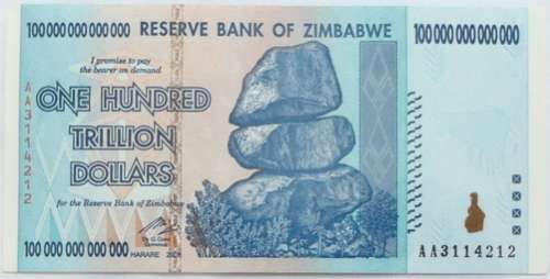 ZIMBABWE 100 TRILLION DOLLARS AA PREFIX UNC
