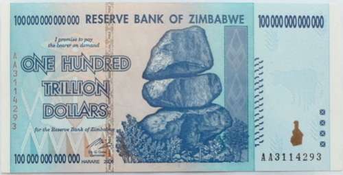 ZIMBABWE 100 TRILLION DOLLARS AA PREFIX UNC