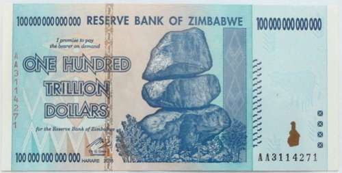 ZIMBABWE 100 TRILLION DOLLARS AA PREFIX UNC