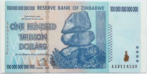 ZIMBABWE 100 TRILLION DOLLARS AA PREFIX UNC