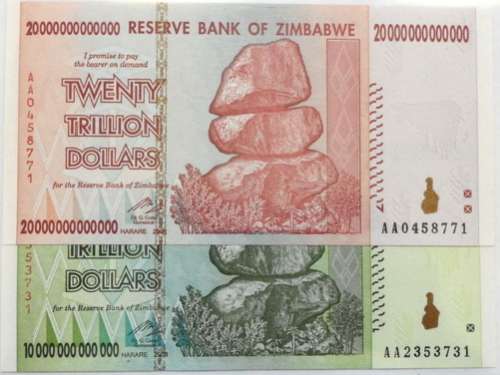 ZIMBABWE 2008 10 + 20 TRILLION DOLLARS UNC AA PREFIX