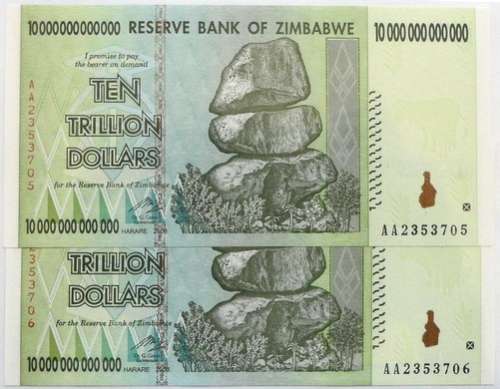 ZIMBABWE 2008 10 TRILLION DOLLARS UNC AA PREFIX 2 SEQUENCE