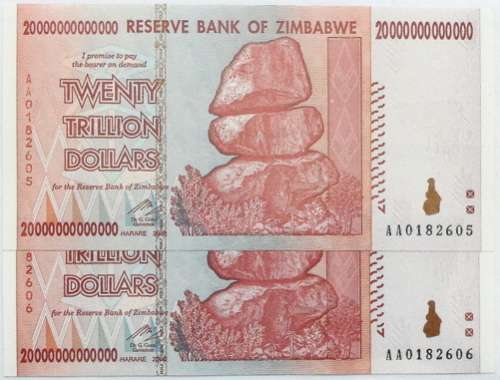 ZIMBABWE 2008 20 TRILLION DOLLARS UNC AA PREFIX 2 SEQUENCE