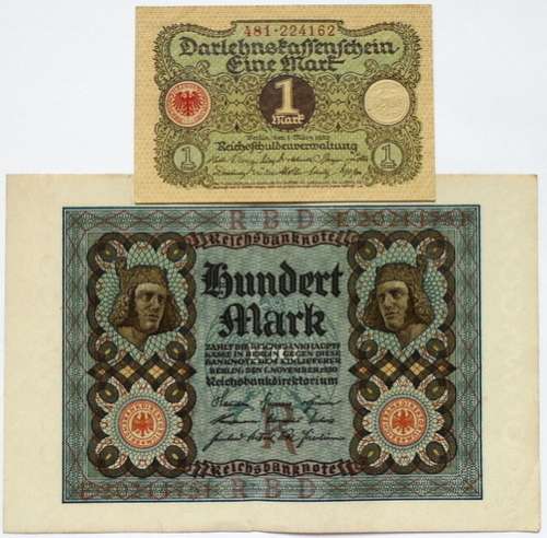 GERMANY 1920 1 + 100 MARK (2 NOTES)