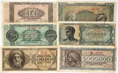 GREECE WW2 1944 500 000 TO 25 MILLION CRACHMAI (6 NOTES)