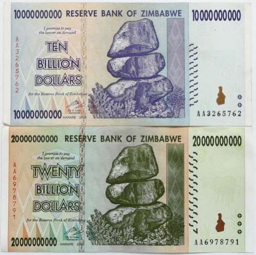 ZIMBABWE 10 + 20 BILLION DOLLARS AA (2 NOTES)