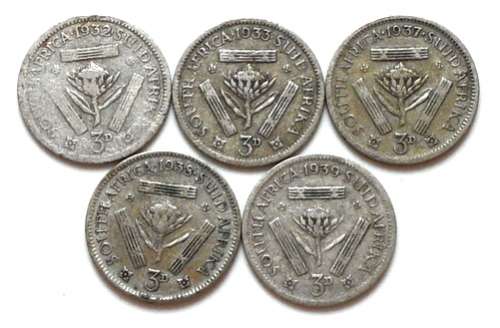 1932 + 1933 + 1937 + 1938 + 1939 **SILVER** 3 PENCE  (5 COINS)