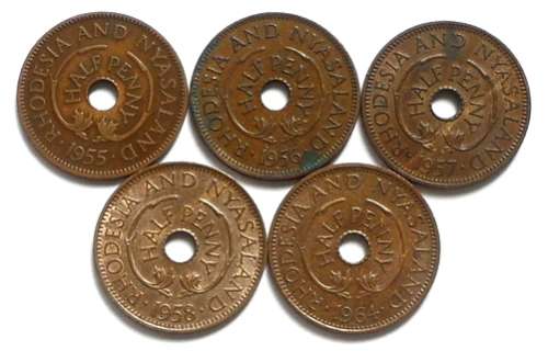 RHODESIA + NYASALAND 1/2 PENNY FULL SET 1955-1964 (5 COINS)