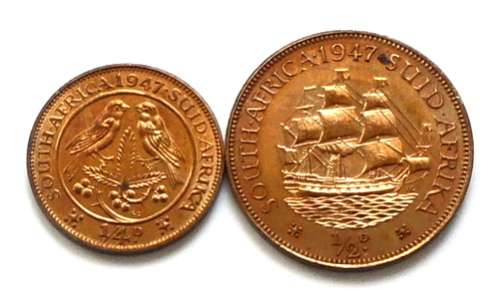 S A UNION 1947 PROOF 1/4 + 1/2 PENNY RB "HIGH GRADE"