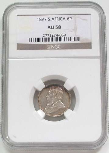 ZAR 1897 6 PENCE NGC AU58