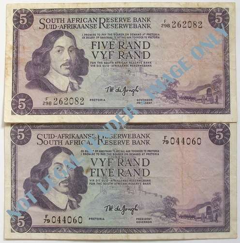 T W DE JONGH 1967 + 1975 5 RAND 1ST ISSUE + 3RD ISSUE (2 NOTES)
