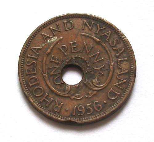 RHODESIA + NYASALAND 1956 PENNY OFF CENTRE **MIS-STRUCK**