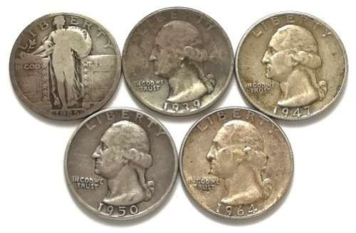 UNITED STATES 1925 + 1939 + 1047 + 1950 +1964 **SILVER** 1/4/DOLLAR (5 COINS)