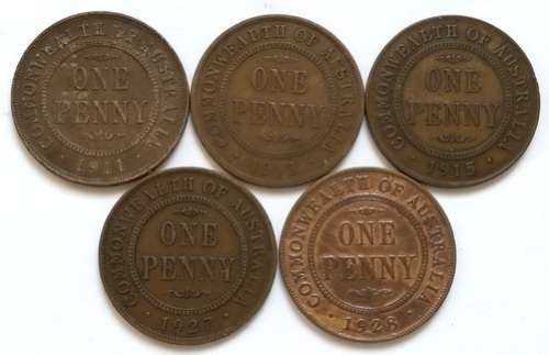 AUSTRALIA PENNY 1911+1913+1915+1927+1928 (5 COINS)