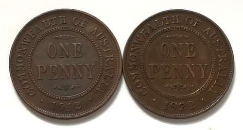 AUSTRALIA 1922 + 1912H PENNY (2 COINS) **RARE**