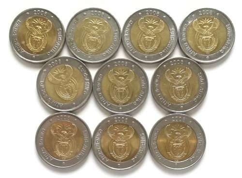 R S A 2008 5 RAND 10 COINS "MANDELA SMILEY " **BID PER COIN**