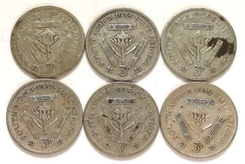 UNION 1934 + 1935 + 1936 +1937 + 1938 + 1939 3 PENCE (6 COINS)