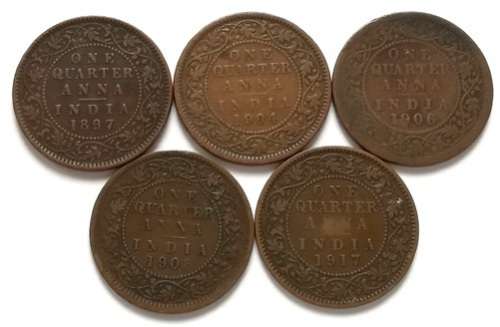 INDIA 1897 + 1908 + 1906 + 1904 + 1917 1/4 ANNA (5 COINS)