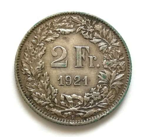 SWITZERLAND 1921 **SILVER** 2 FRANCS