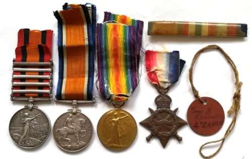 BOER WAR AND WW1 - QSA 5 CLASPS, 1914-1918 MEDAL,GREAT WAR MEDAL+1914 STAR, DOG TAG + MEDAL BAR